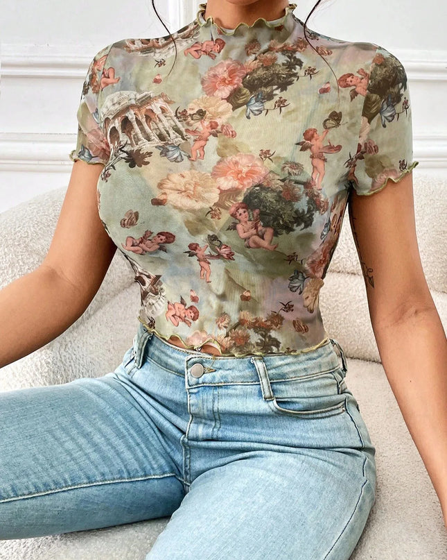 Abstract Print Ruffled Mock Neck Crop T-Shirt Sage
