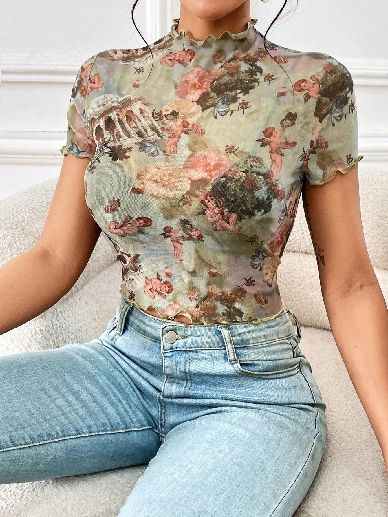Abstract Print Ruffled Mock Neck Crop T-Shirt Sage