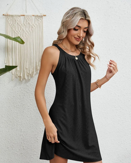 Eyelet Round Neck Sleeveless Dress 