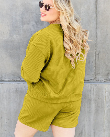 Double Take Full Size Texture Long Sleeve Top and Drawstring Shorts Set