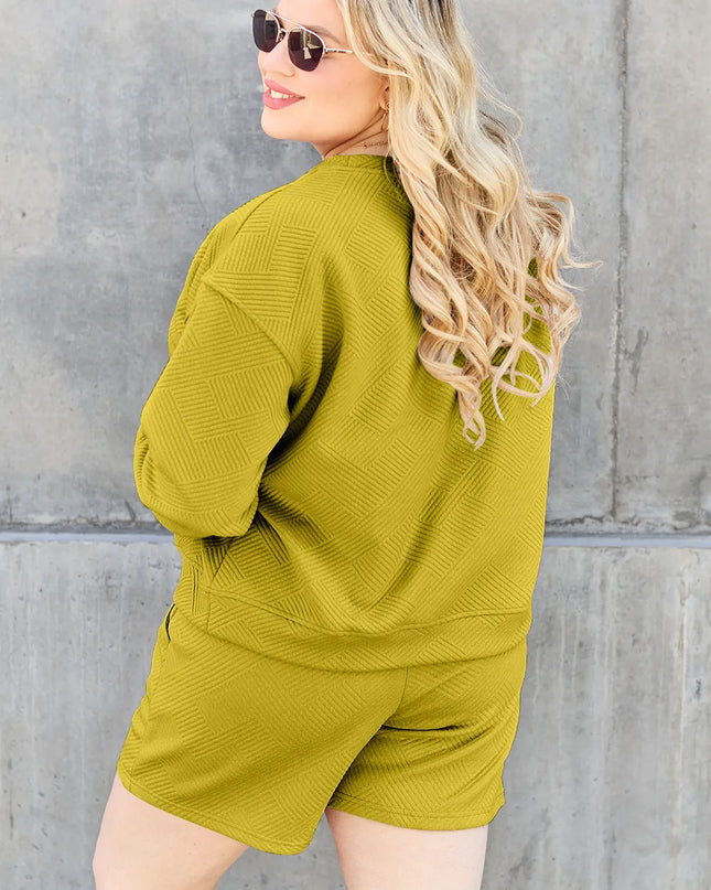 Double Take Full Size Texture Long Sleeve Top and Drawstring Shorts Set