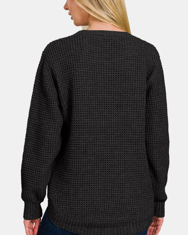 Zenana High Low Long Sleeve Waffle Sweater
