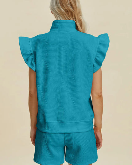 Double Take Full Size Texture Flounce Sleeve Top and Shorts Set