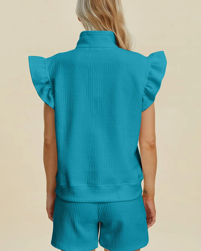Double Take Full Size Texture Flounce Sleeve Top and Shorts Set