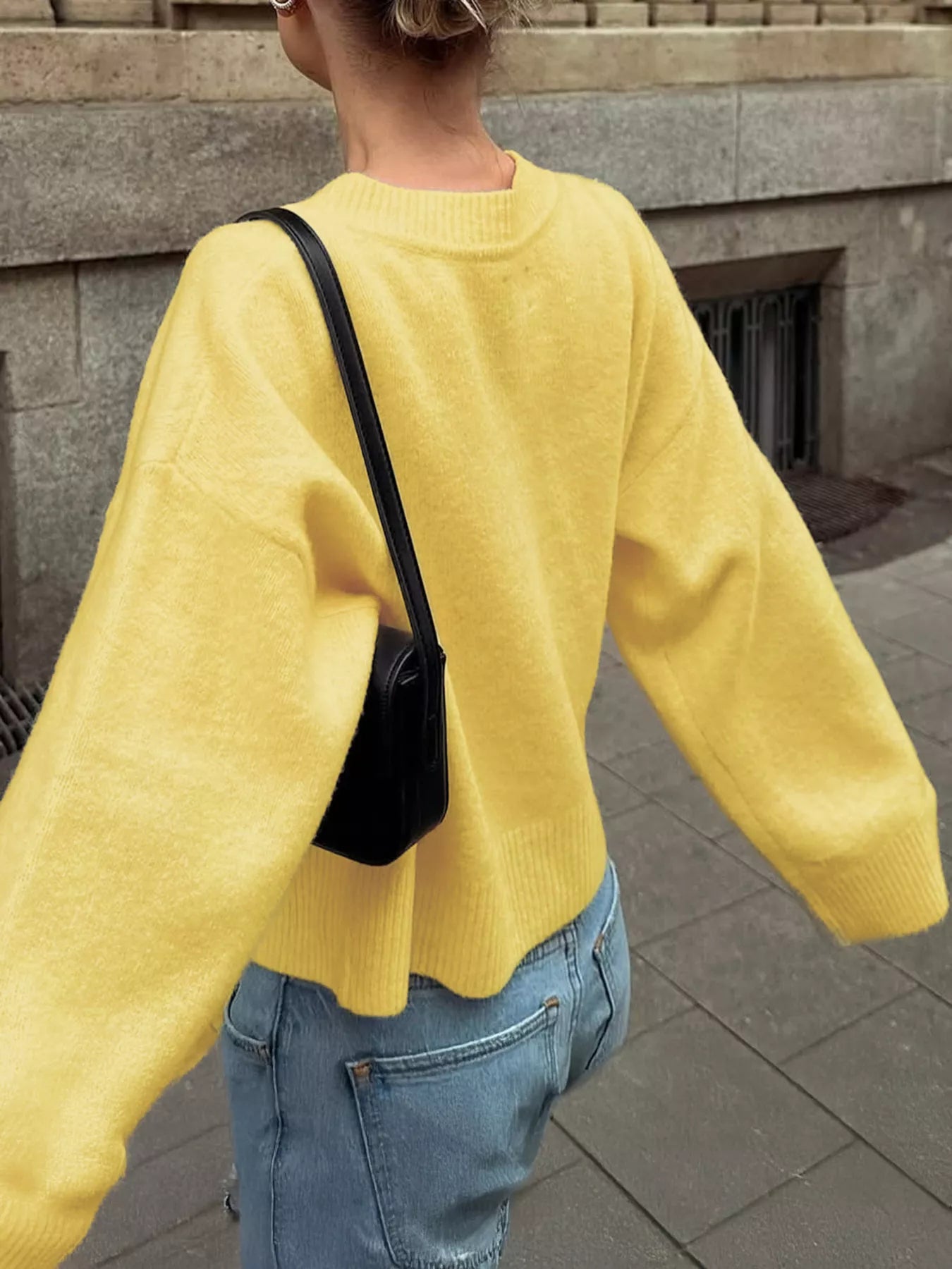 Ribbed Round Neck Dropped Shoulder Sweater