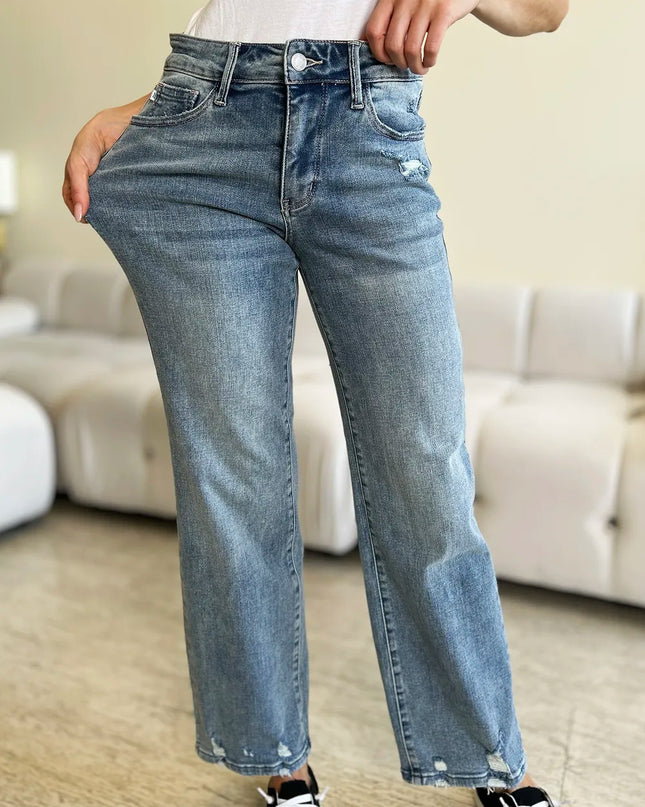 Judy Blue Full Size Mid Rise Distressed Straight Jeans