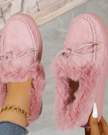Bow Furry Round Toe Flat Slip-Ons Pale Blush