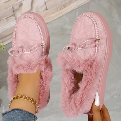 Bow Furry Round Toe Flat Slip-Ons Pale Blush