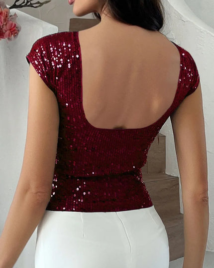 Devine Sequin Round Neck Backless T-Shirt
