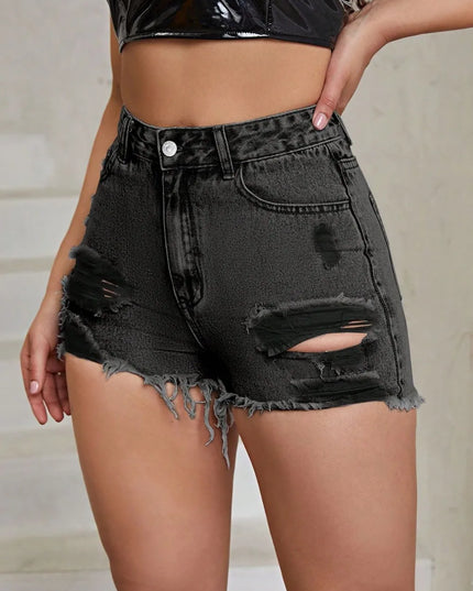 Distressed Raw Hem High Rise Denim Shorts