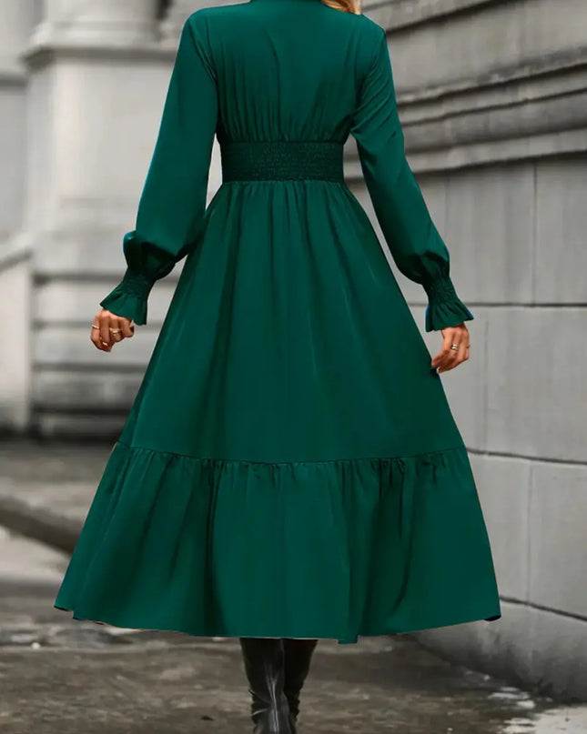 Notched Long Sleeve Tiered Dress