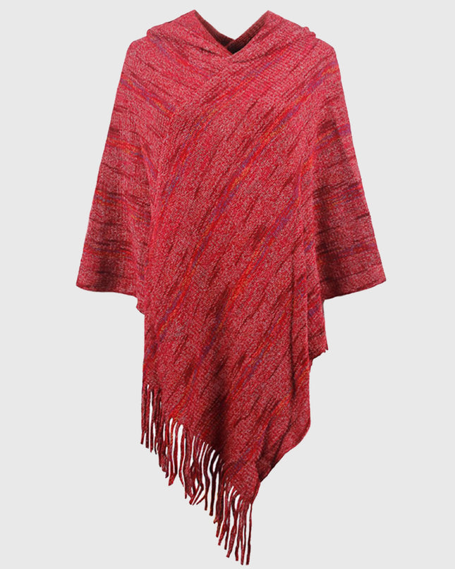 Fringe Hem Hooded Poncho Wine One Size