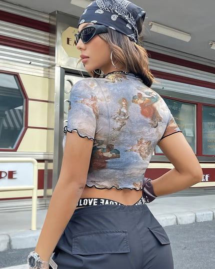 Abstract Print Ruffled Mock Neck Crop T-Shirt