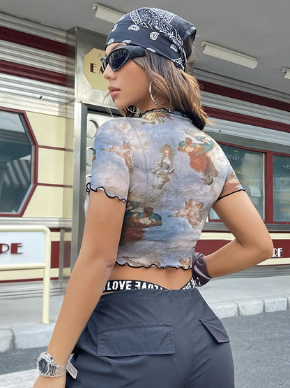 Abstract Print Ruffled Mock Neck Crop T-Shirt