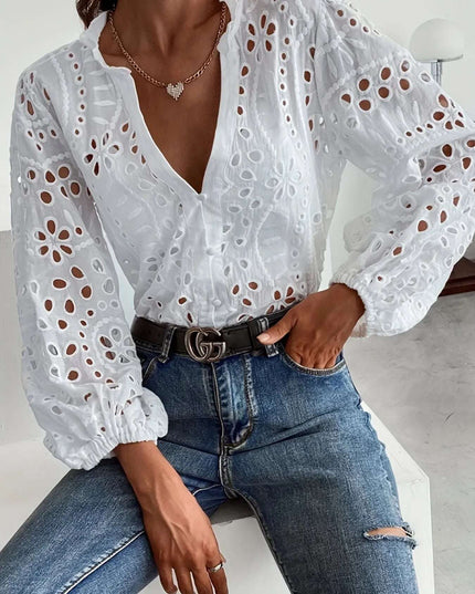 Eyelet Embroidered Button Front Shirt with Puffed Sleeves White