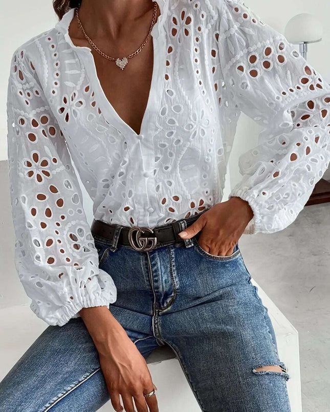 Eyelet Embroidered Button Front Shirt with Puffed Sleeves White