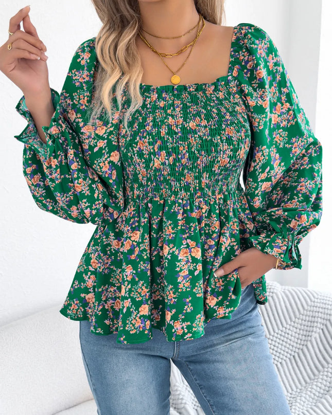 Floral Square Neck Flounce Sleeve Blouse 
