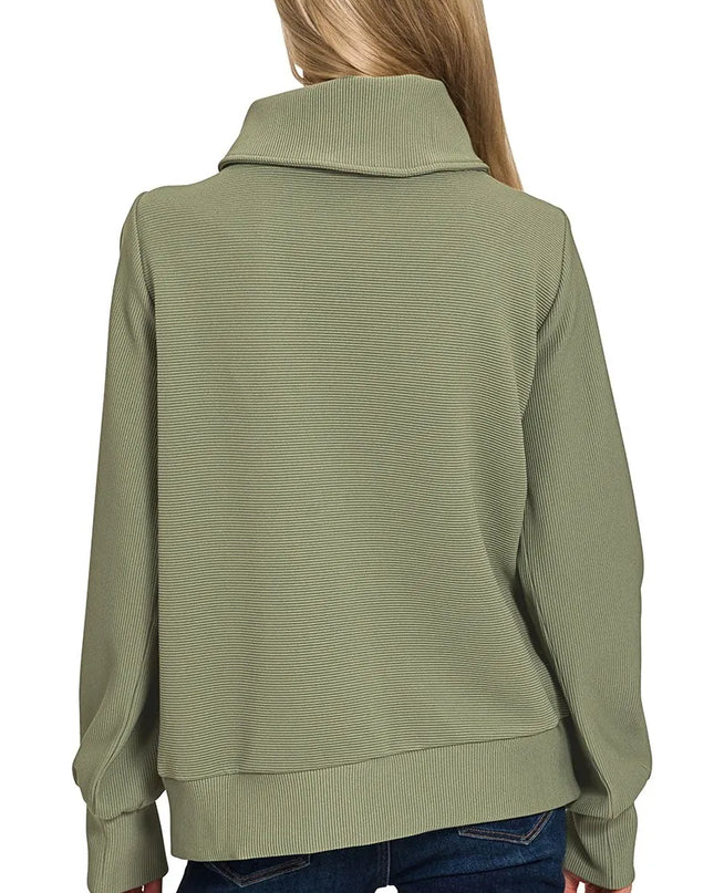 Zenana Ribbed High Neck Half Zip Pullover & Pants Set