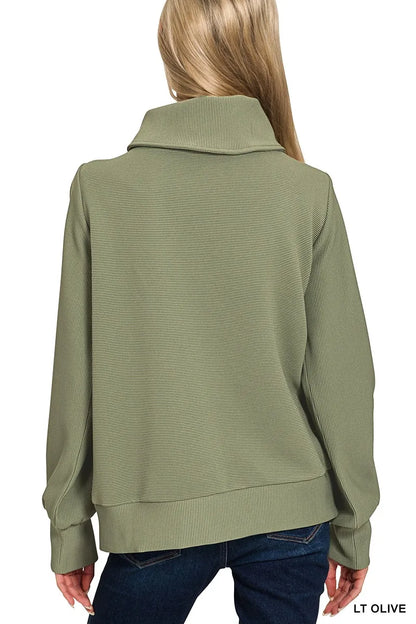 Zenana Ribbed High Neck Half Zip Pullover & Pants Set