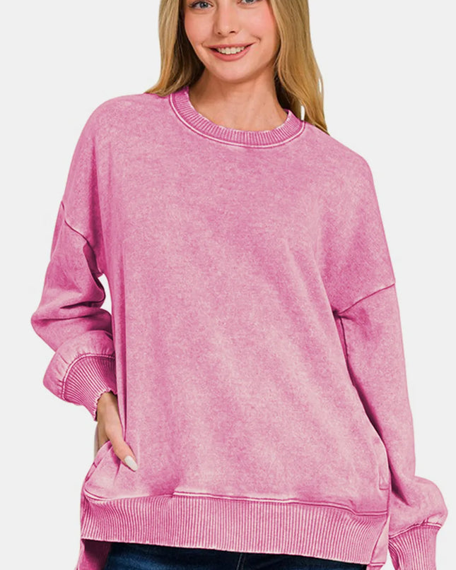 Zenana High-Low Acid Wash Fleece Sweatshirt Dusty Pink