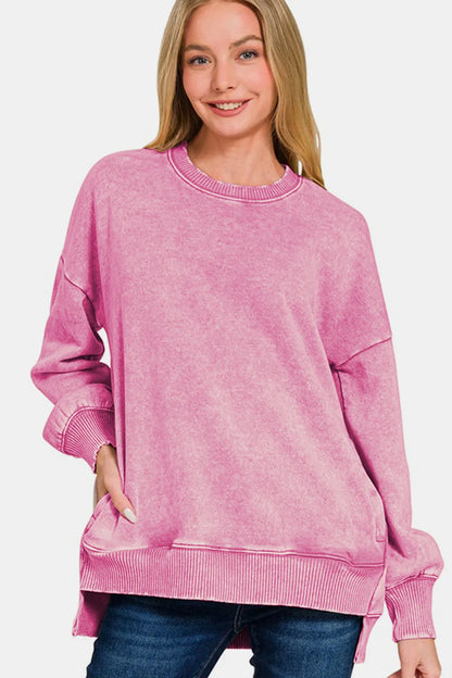 Zenana High-Low Acid Wash Fleece Sweatshirt Dusty Pink