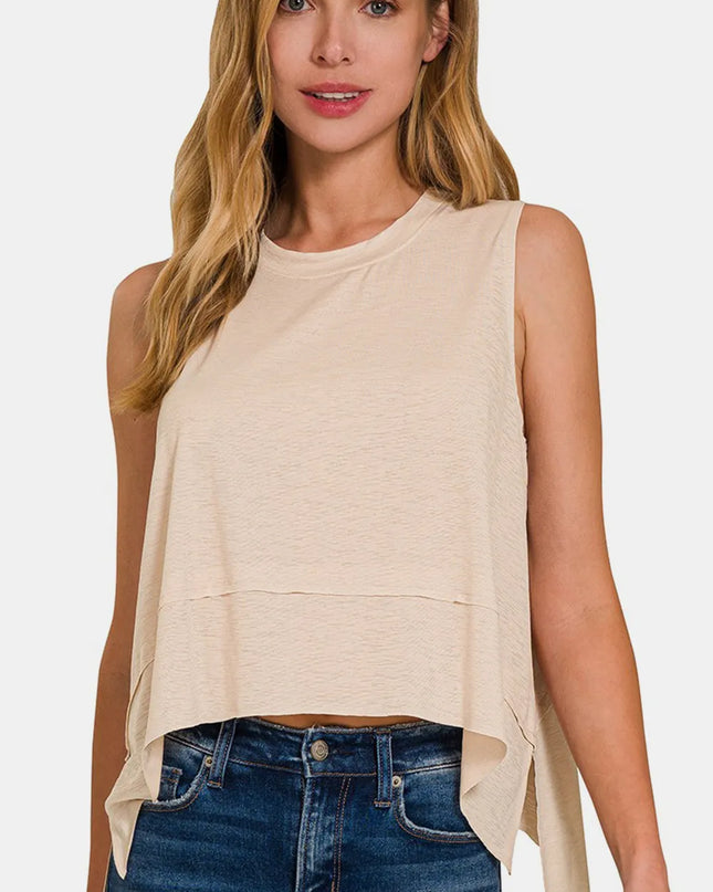 Zenana Exposed Seam Slit Round Neck Tank Sand Beige