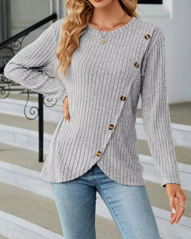 Ribbed Knit Decor Button T-Shirt Light Gray