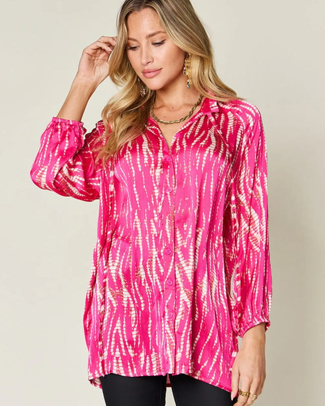 Double Take Full Size Printed Button Up Long Sleeve Shirt Hot Pink