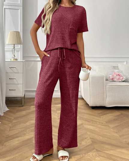 Ribbed Knit Short Sleeve Top and Pants Lounge Set