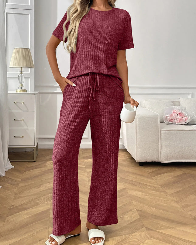 Ribbed Knit Short Sleeve Top and Pants Lounge Set