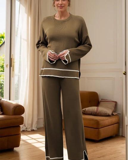 High-Low Round Neck Top and Pants Sweater Set Olive Brown One Size