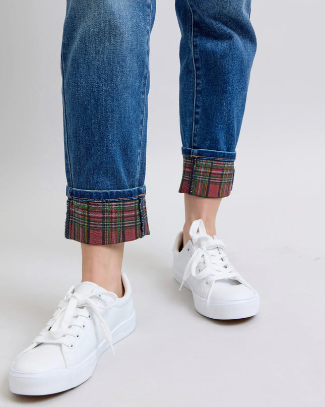 Judy Blue Full Size Mr Plaid Print Cuff Bf Jeans Plus Size