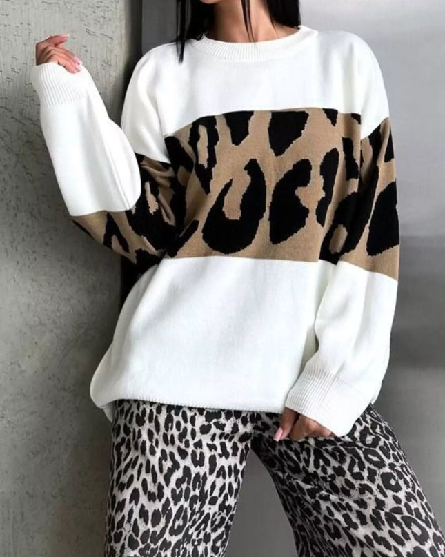 Leopard Color Block Round Neck Sweater