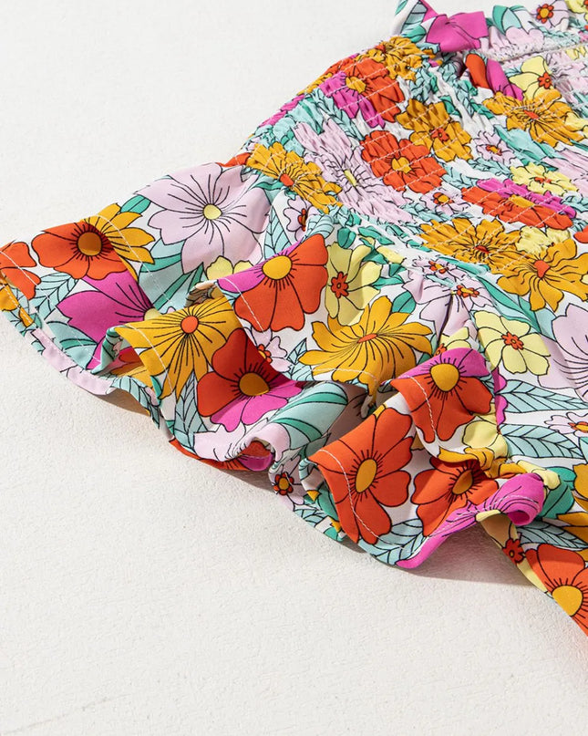 Floral Print Shirred Tiered Ruffled Sleeve Blouse