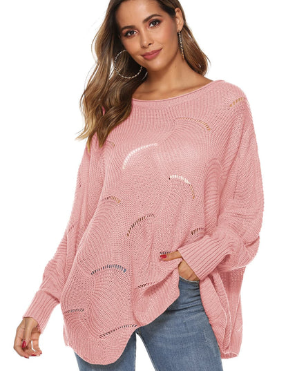 Round Neck Long Sleeve Openwork Sweater