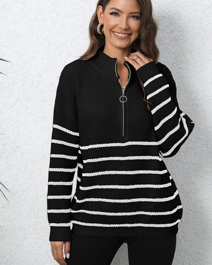 Mock Neck Long Sleeve Zip-Up Sweater Black One Size