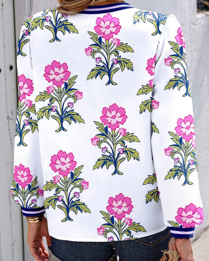 Floral Print Striped V Neck Blouse