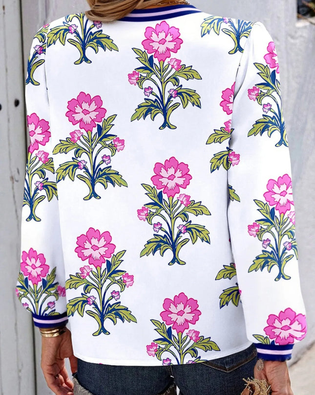 Floral Print Striped V Neck Blouse