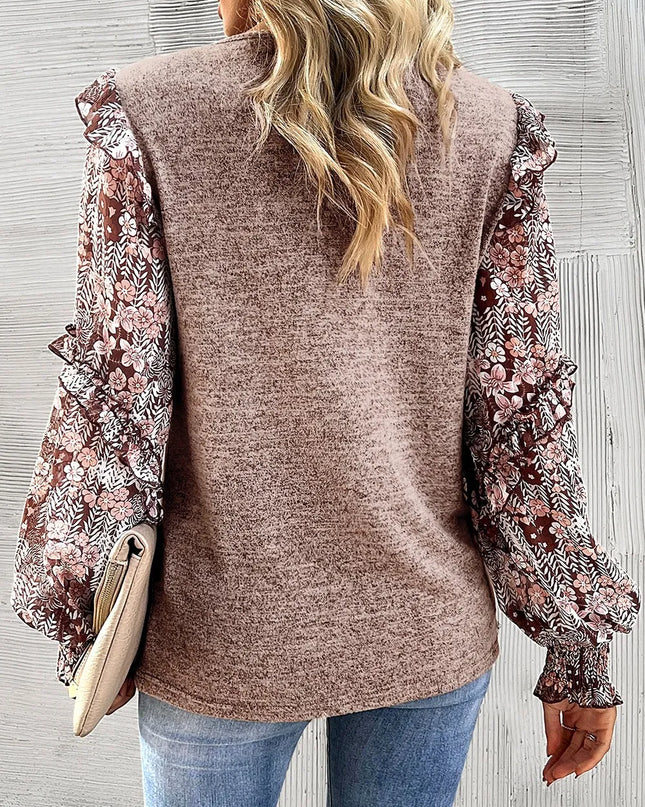 Heathered Floral Frill Lantern Sleeve Blouse