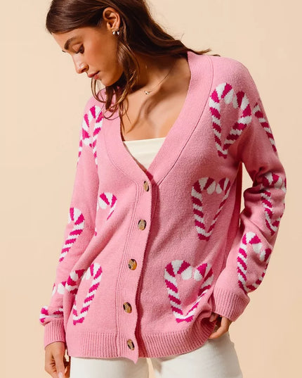 SO ME Christmas Candy Cane Button Front Sweater Cardigan