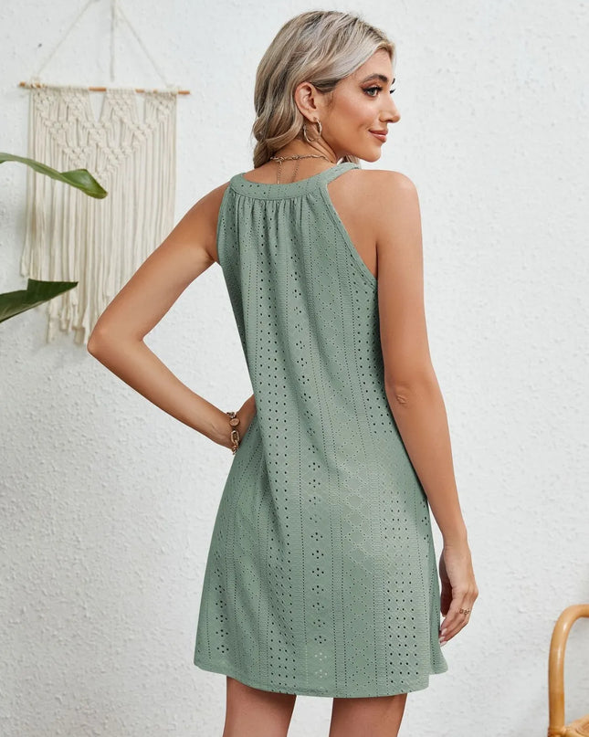Eyelet Round Neck Sleeveless Dress 