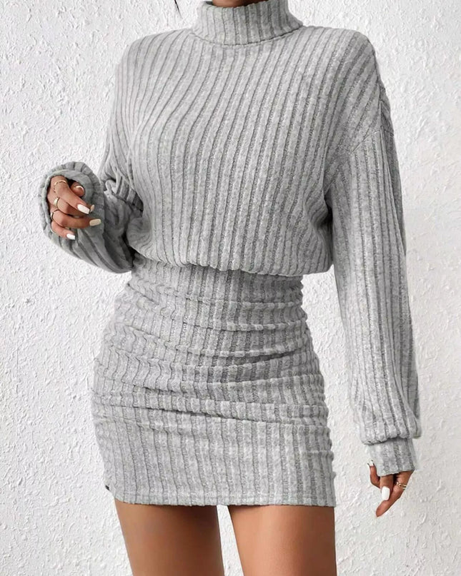 Ribbed Turtleneck Long Sleeve Sweater Dress Light Gray