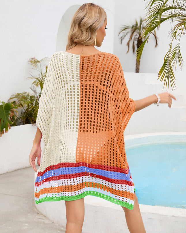 Contrast Scoop Neck Openwork Half Sleeve Cover Up