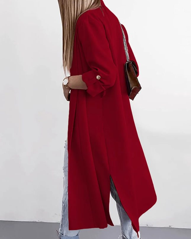 Slit Open Front Roll-Tab Sleeve Trench Coat 