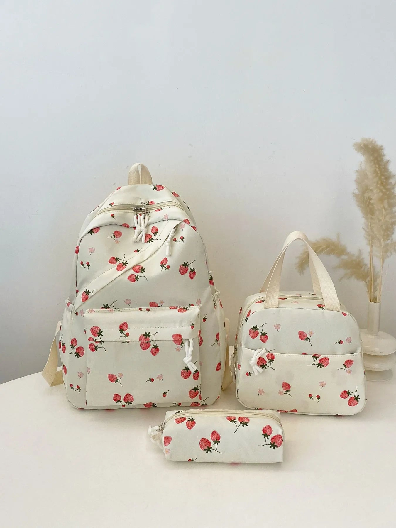 3-Piece Strawberry Print Canvas Bag Set White onesize