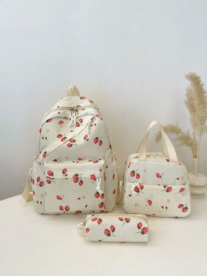 3-Piece Strawberry Print Canvas Bag Set 