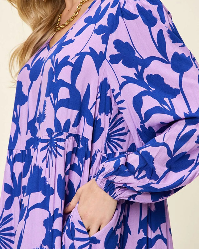 Double Take Full Size Printed Ruffle Hem Dress with Pocket