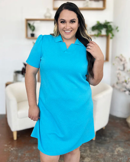 Double Take Full Size Texture Collared Neck Short Sleeve Dress