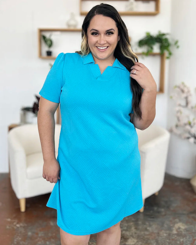 Double Take Full Size Texture Collared Neck Short Sleeve Dress