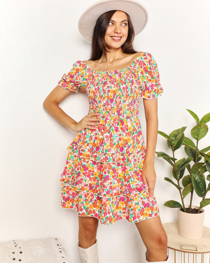 Devine Smocked Sweetheart Neck Flounce Sleeve Mini Dress